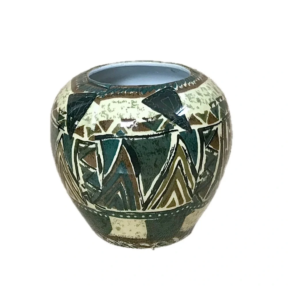 Southwestern Fish Ceramic Vase Geometric Pattern Aztec Boho Earth Tones Indie
